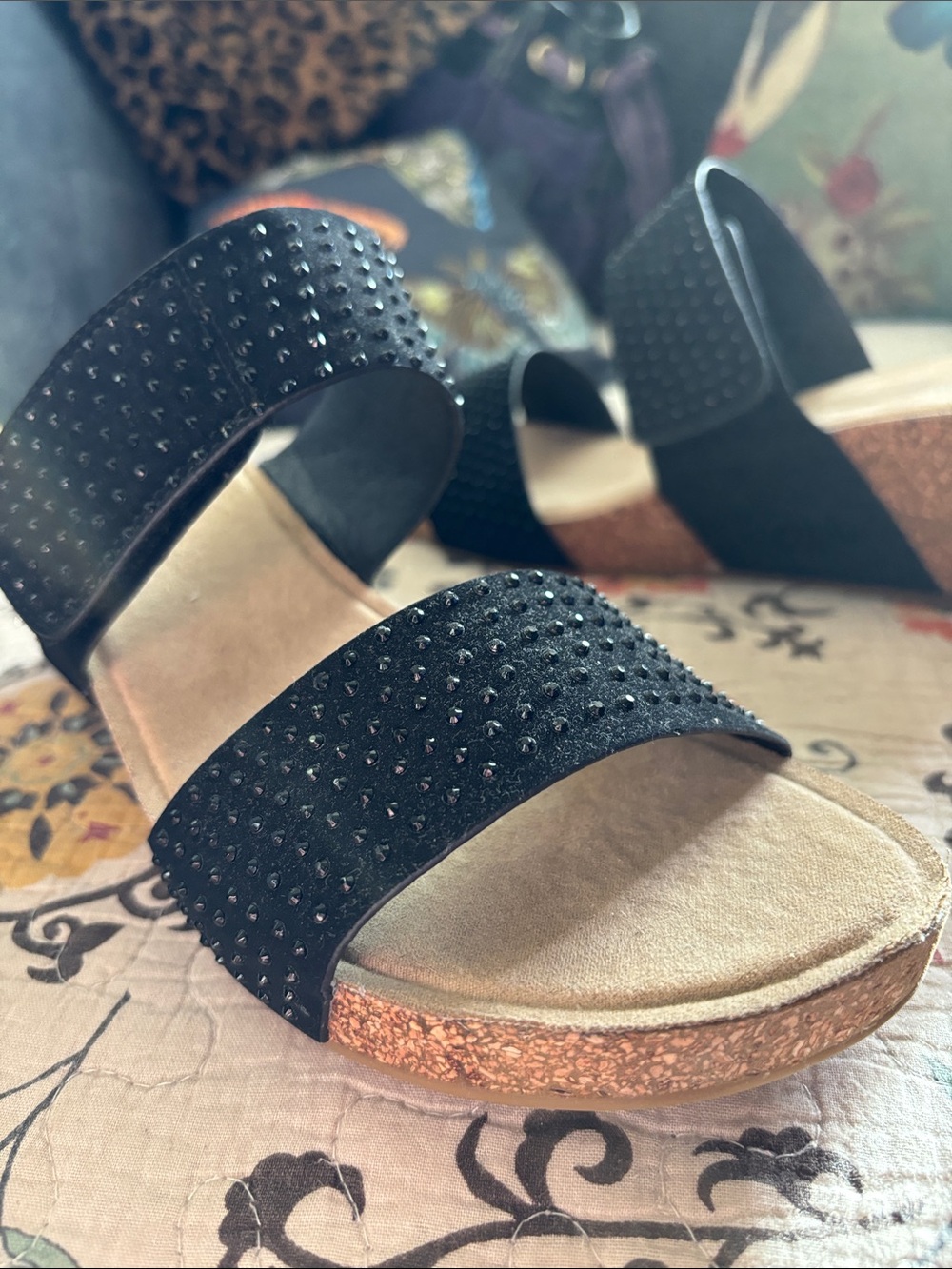 Cork Wedge Black Rhinestone Covered Double Strap Slide Sandals Size 11M - Picture 11 of 16
